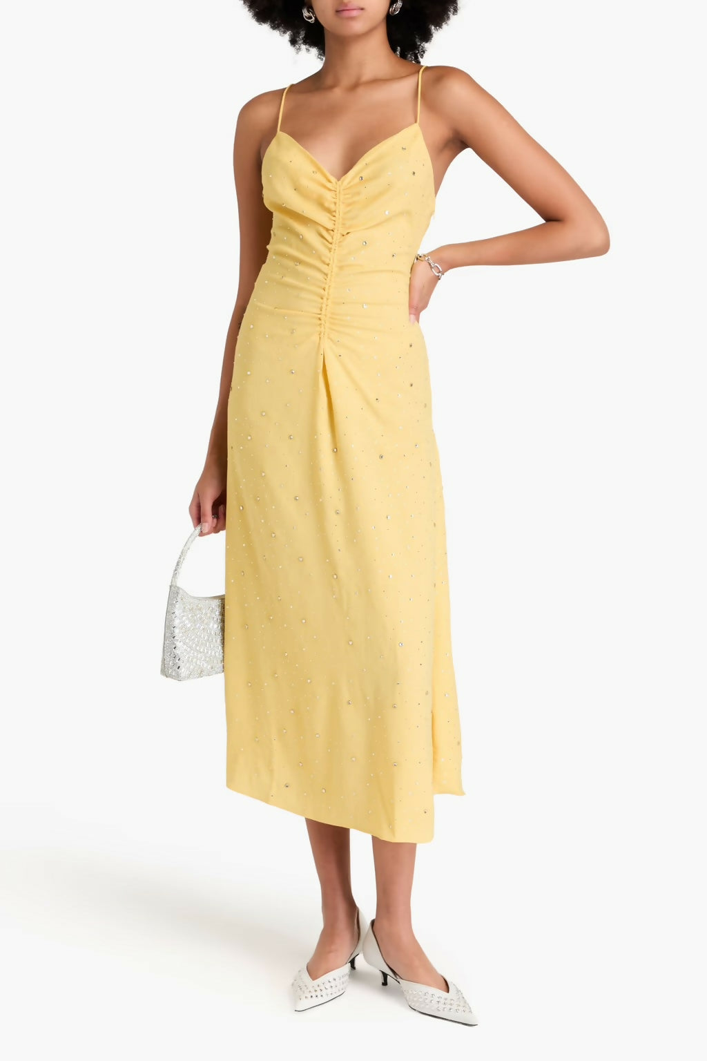 Yellow crystal-embellished ruched crepe midi dress with camisole straps — Sandro | Endless UAE
