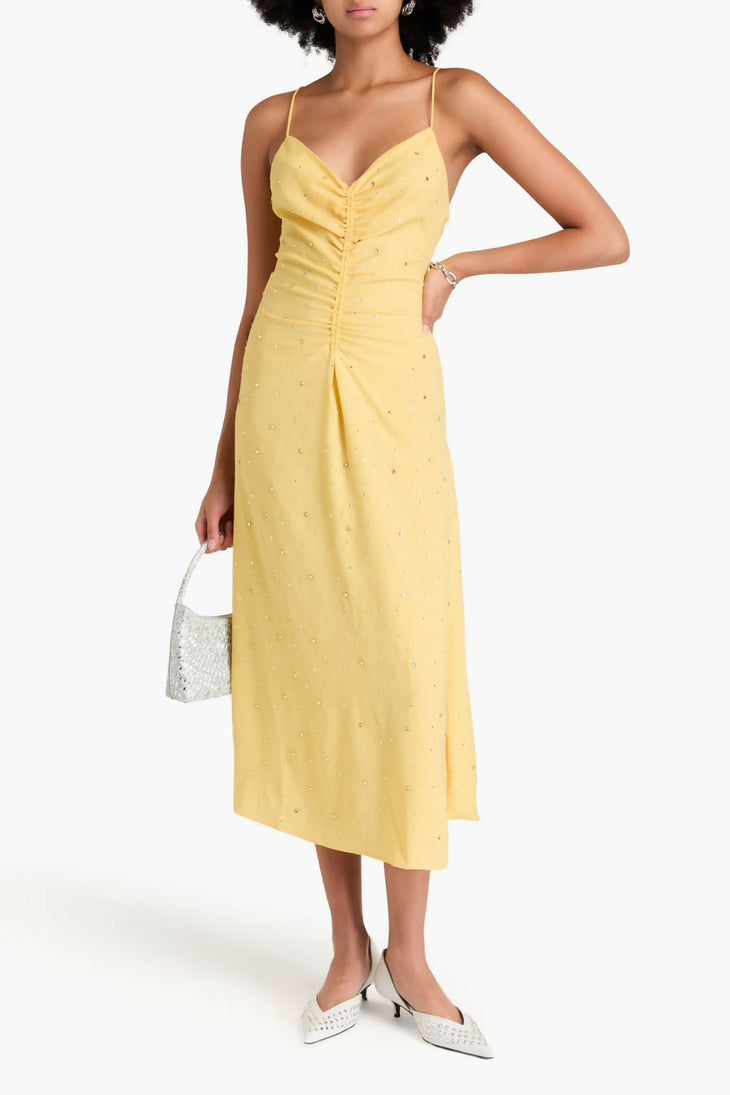 Yellow crystal-embellished ruched crepe midi dress with camisole straps — Sandro | Endless UAE