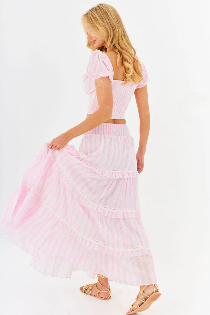Pink and white striped two-piece set with puff sleeve crop top and tiered maxi skirt — Amy Jane London | Endless UAE