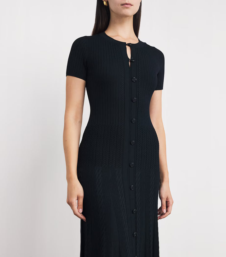 Black ribbed knit maxi dress with short sleeves and button front closure — Sandro | Endless UAE