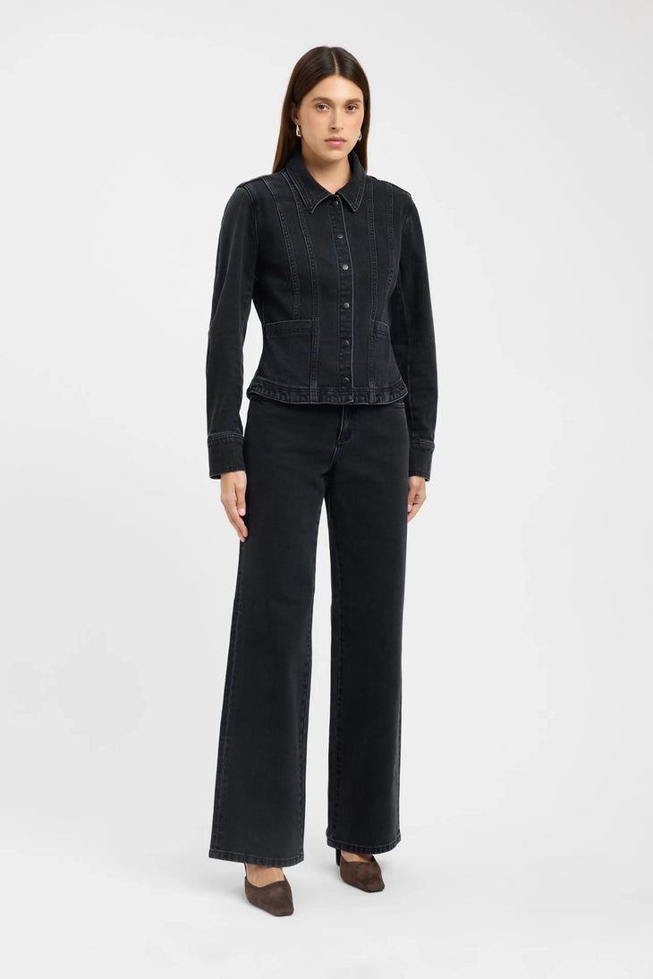 Black denim co-ord set with fitted jacket and wide-leg pants on model — Kookai | Endless UAE