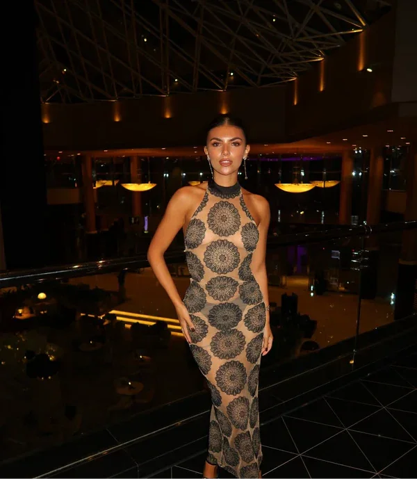 Gia Dress Maxi in patterned beige and black, halter neckline, form-fitting silhouette — Deme Studio | Endless UAE