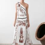 One shoulder white top with brown ornate print and black trim details — Ancient Kallos | Endless UAE