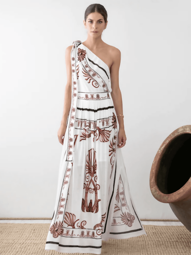 One shoulder white top with brown ornate print and black trim details — Ancient Kallos | Endless UAE