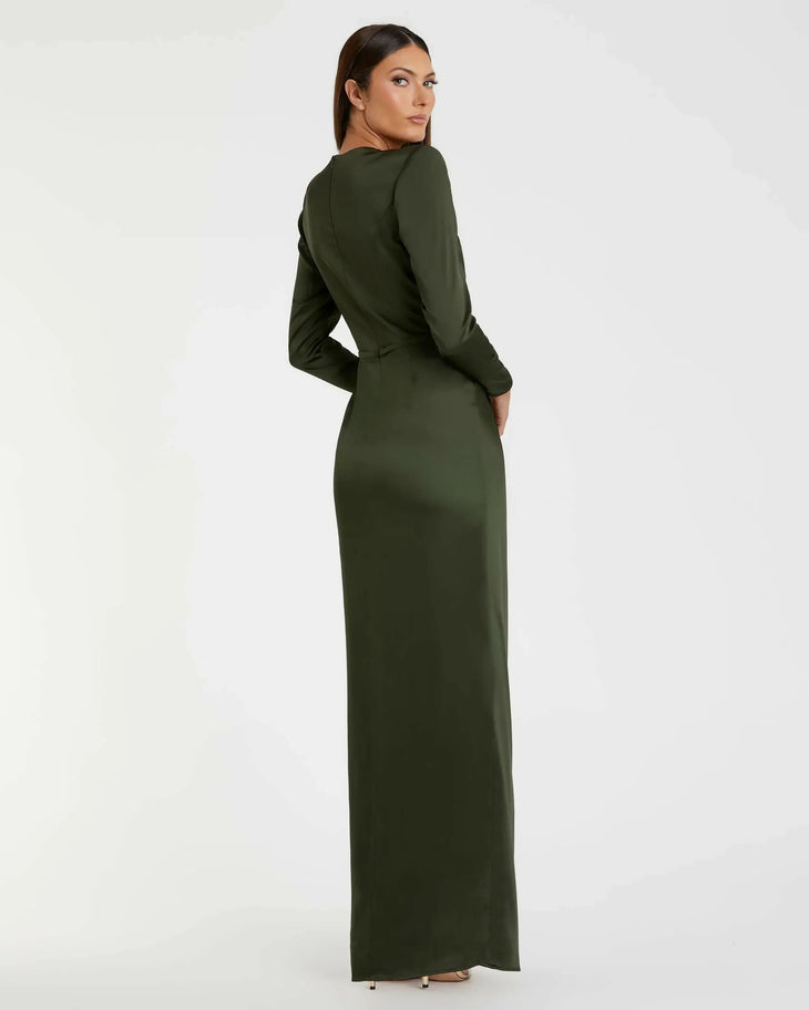 Olive green long sleeve satin gown with structured shoulders and dramatic draped bow detail — Mac Duggal | Endless UAE