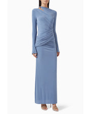 Amara Draped Dress in slate blue with long sleeves and ruched waist detail — CHATS by C.Dam | Endless UAE