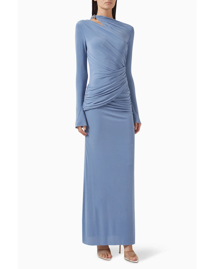 Amara Draped Dress in slate blue with long sleeves and ruched waist detail — CHATS by C.Dam | Endless UAE
