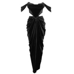 Black velvet off-shoulder corset gown with lace trim and dramatic draping — Miss Circle | Endless UAE