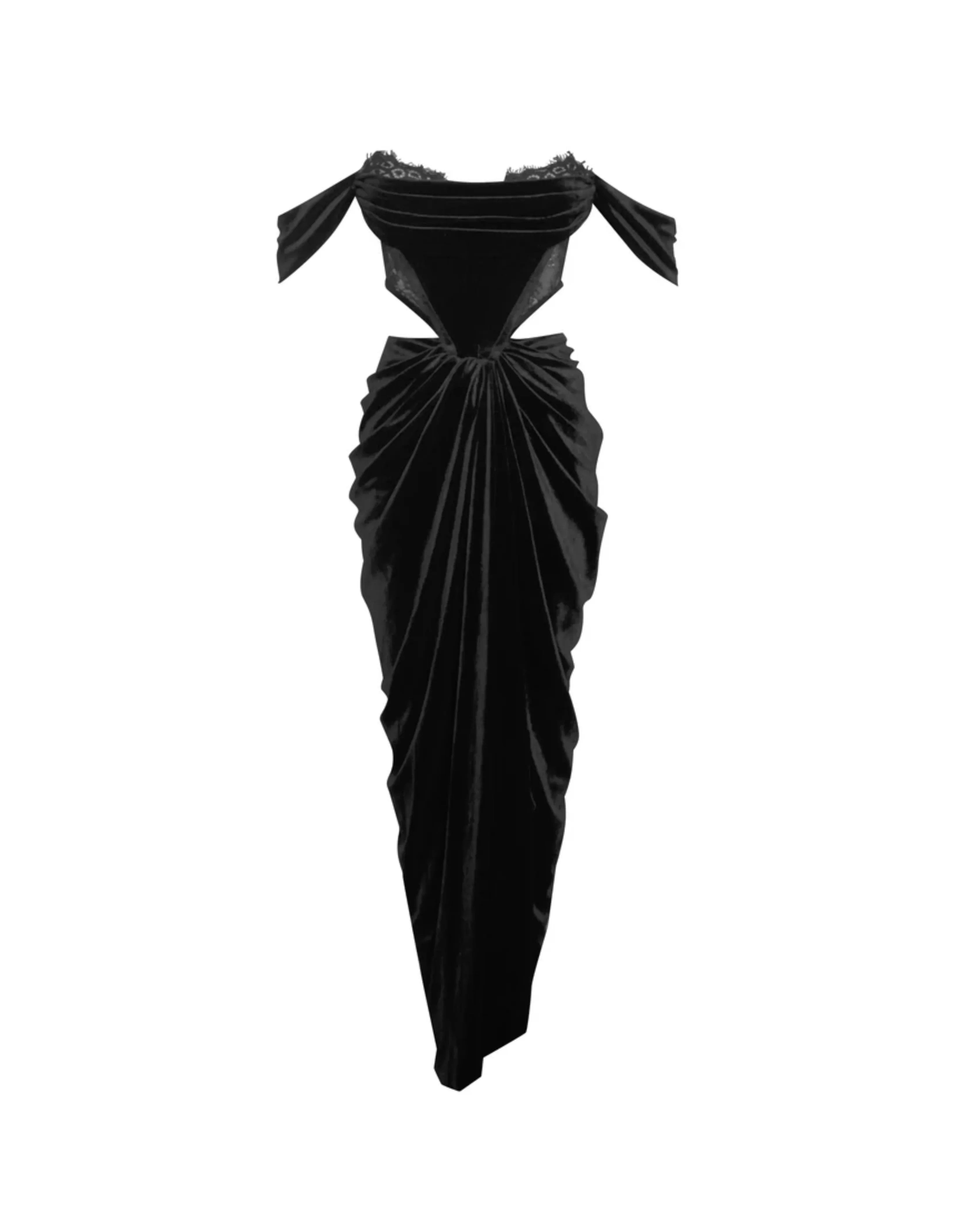 Black velvet off-shoulder corset gown with lace trim and dramatic draping — Miss Circle | Endless UAE