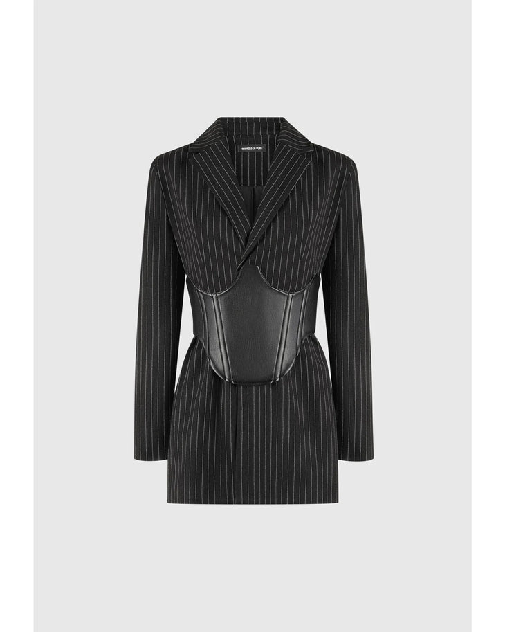 Black pinstripe blazer dress with reversible leather corset belt — Manière De Voir | Endless UAE