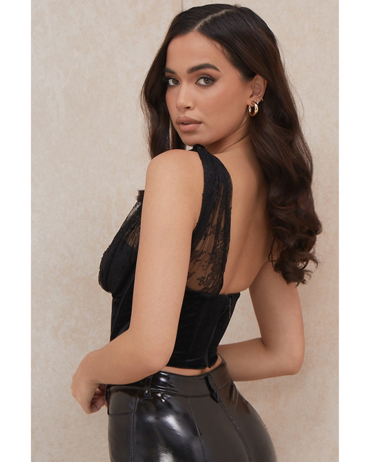 Issa Velvet Lace Corset in black with one-shoulder lace detail and cutout waist — House of CB | Endless UAE