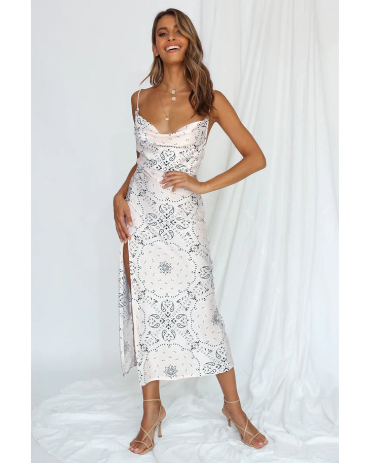 Walk The Line Midi Dress in Cream Bandana with cutout detail and high slit — Lioness | Endless UAE