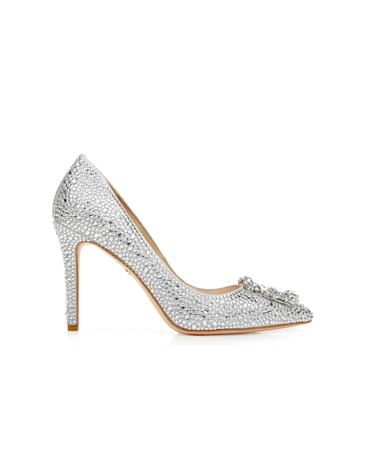 Silver crystal-embellished stiletto heels with pointed toe and decorative bow detail — Badgley Mischka | Endless UAE