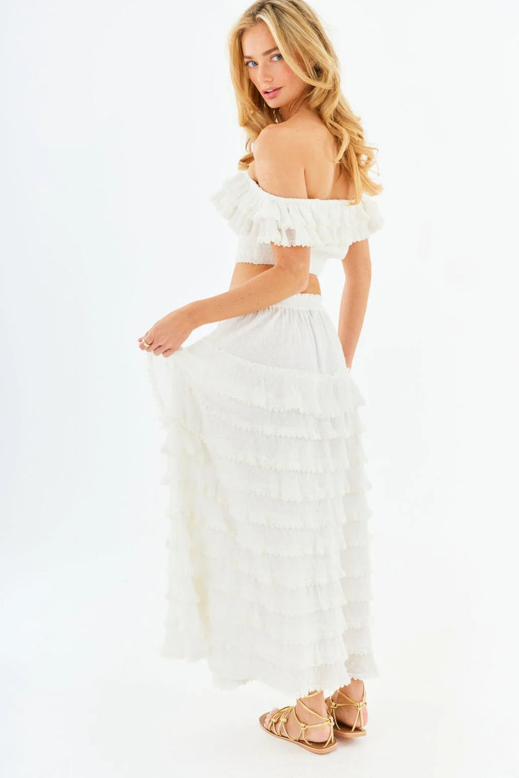 White ruffled off-shoulder crop top and tiered maxi skirt two-piece set with lace details — Amy Jane London | Endless UAE