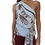 One shoulder white top with brown ornate print and black trim details — Ancient Kallos | Endless UAE