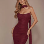 Burgundy mesh two-piece gown with choker neckline and ruched bodycon silhouette — Almond Muse | Endless UAE
