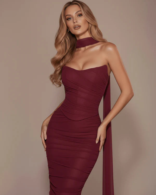 Burgundy mesh two-piece gown with choker neckline and ruched bodycon silhouette — Almond Muse | Endless UAE