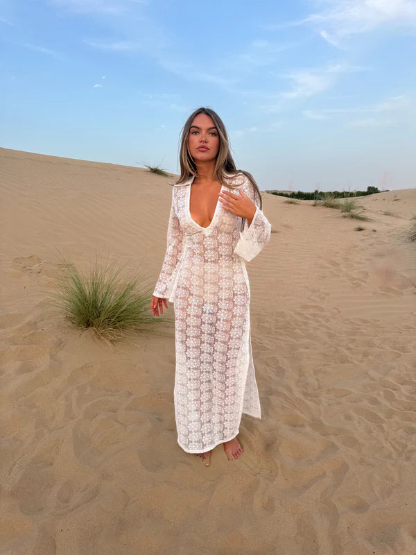 Aurora Dress in white lace worn in desert setting — Deme Studio | Endless UAE