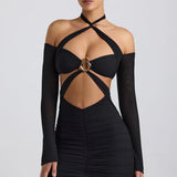 Kemina Off-Shoulder Ruched Cut-Out Mini Dress