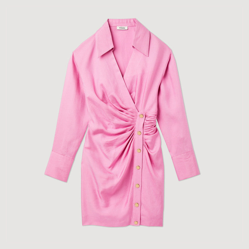 Pink wrap mini dress with button detail and long sleeves — Sandro | Endless UAE