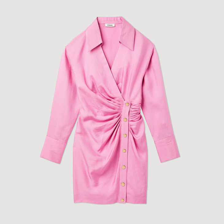 Pink wrap mini dress with button detail and long sleeves — Sandro | Endless UAE