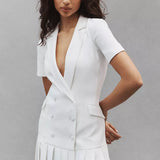White double-breasted blazer mini dress with short sleeves and pleated skirt hem — Amanda Uprichard | Endless UAE