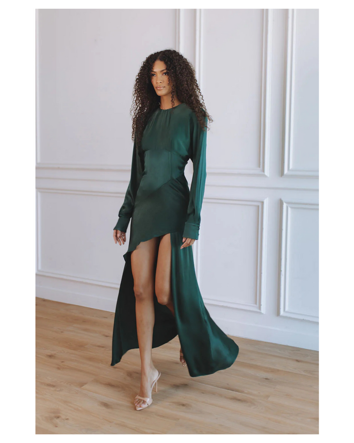Kartia Long Sleeve Maxi Dress in forest green with asymmetrical hemline — Chic Le Frique | Endless UAE