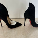 Black suede pointed-toe pumps with cream insoles and tan leather interior — Endless | Endless UAE