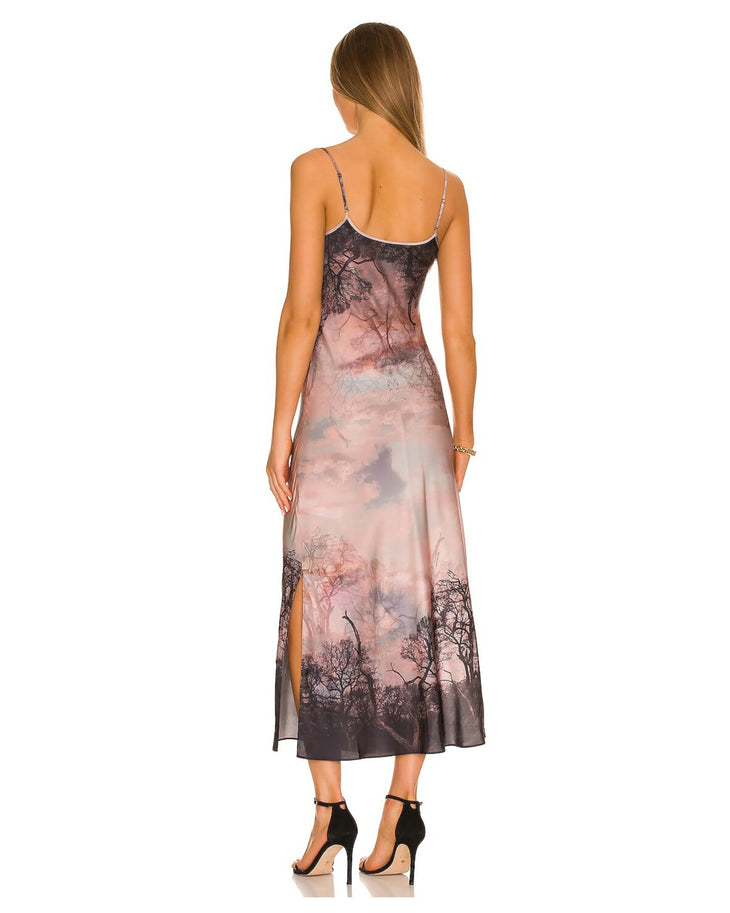 Hadley Sumire Dress with sunset tree print, spaghetti straps, and midi length in silk blend fabric — AllSaints | Endless UAE