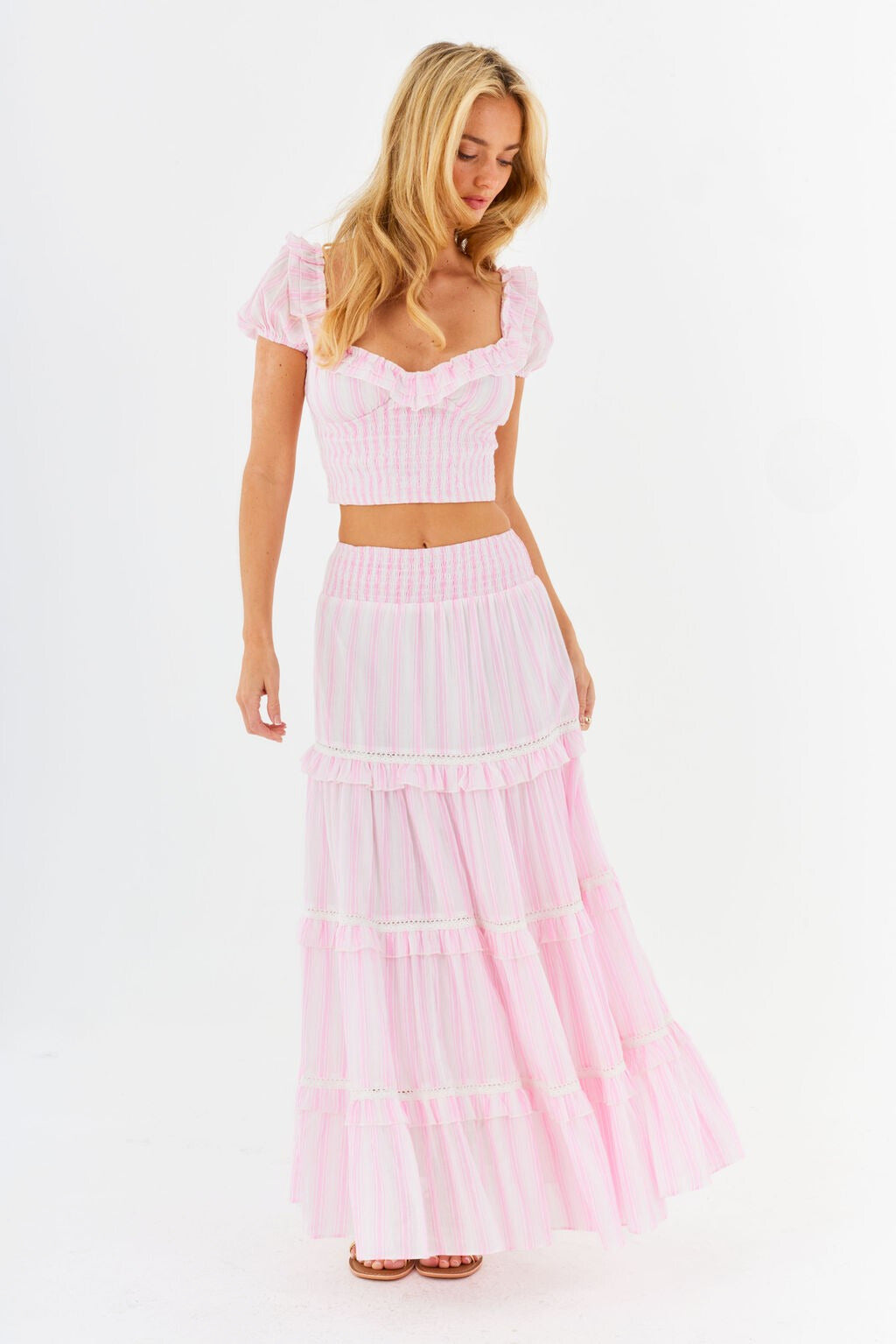 Pink and white striped crop top and maxi skirt co-ord set with ruffle details — Amy Jane London | Endless UAE