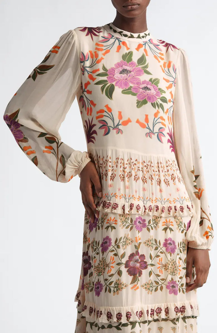 Winter Garden Ruffled Maxi Dress in cream with vibrant floral print and tiered ruffles — FARM Rio | Endless UAE
