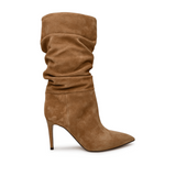 Camel brown suede slouchy knee-high boots with pointed toe and stiletto heel on white background — Paris Texas | Endless UAE