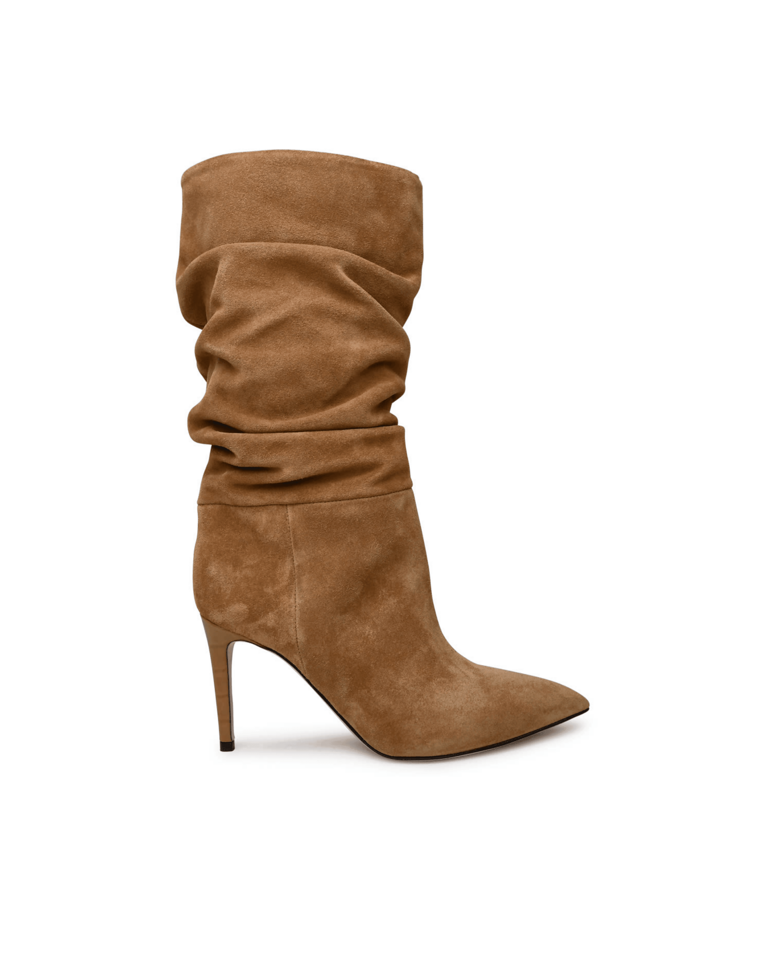 Camel brown suede slouchy knee-high boots with pointed toe and stiletto heel on white background — Paris Texas | Endless UAE