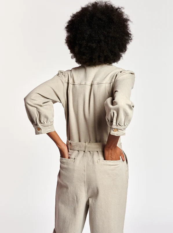 Beige denim jumpsuit with belt and chest pockets — Essentiel Antwerp | Endless UAE