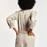 Beige denim jumpsuit with puffed sleeves and belt — Essentiel Antwerp | Endless UAE
