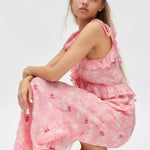 Pink floral maxi dress with ruffled neckline and short sleeves — LoveShackFancy | Endless UAE