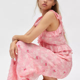 Pink floral maxi dress with ruffled neckline and short sleeves — LoveShackFancy | Endless UAE