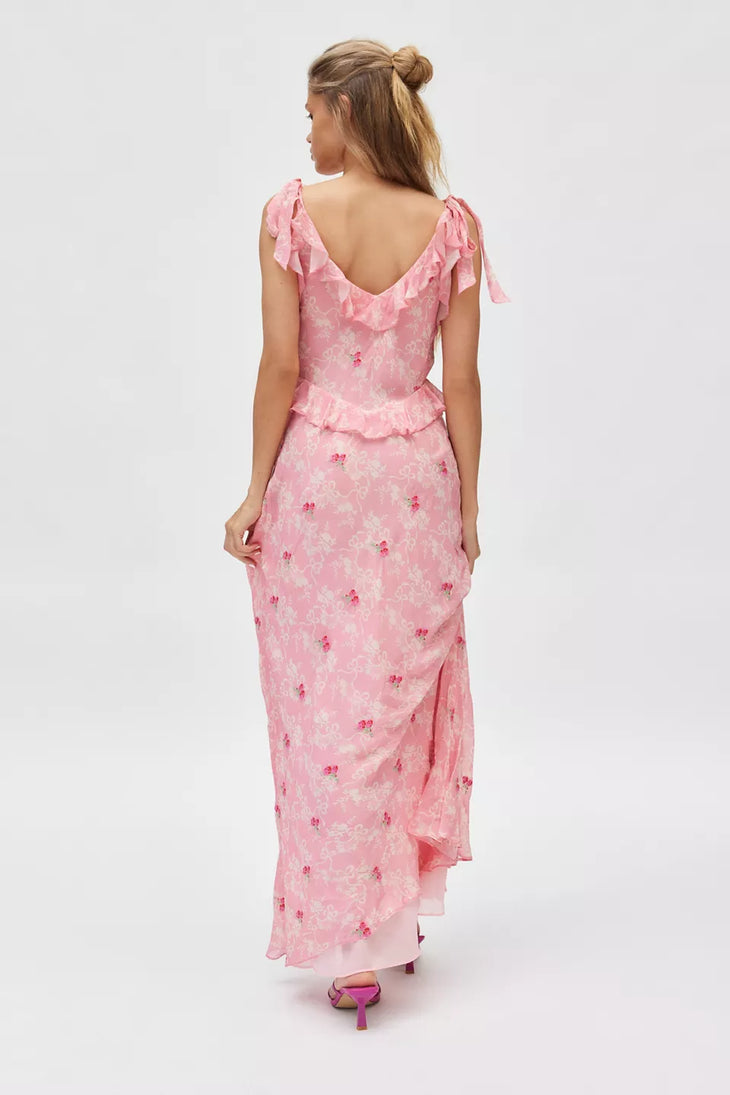 Pink floral maxi dress with ruffled neckline and short sleeves — LoveShackFancy | Endless UAE