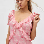Pink floral maxi dress with ruffled neckline and short sleeves — LoveShackFancy | Endless UAE