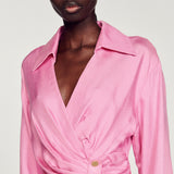 Pink wrap mini dress with button detail and long sleeves — Sandro | Endless UAE