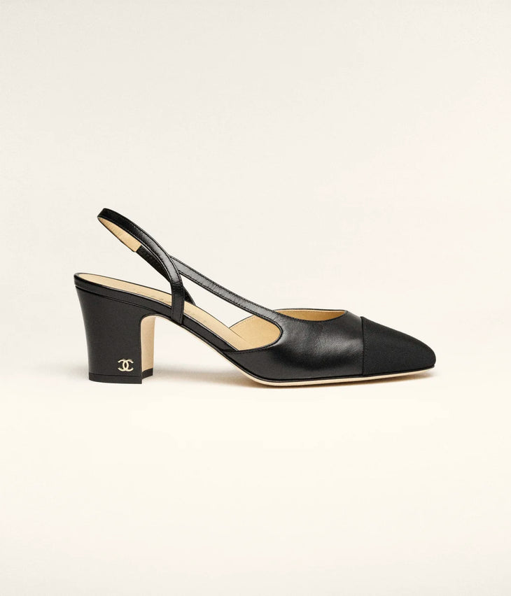 Black slingback heels in goatskin and grosgrain with CC logo — Chanel | Endless UAE