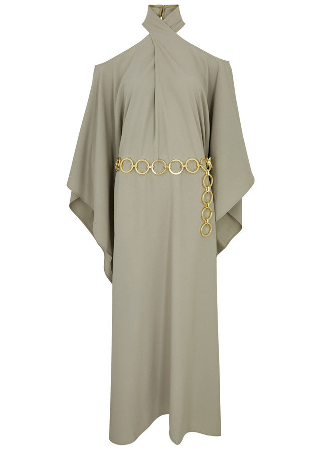 Belted Mambo Kaftan in sage green with cold-shoulder design and chain belt — Taller Marmo | Endless UAE