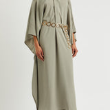 Belted Mambo Kaftan in sage green with cold-shoulder design and chain belt — Taller Marmo | Endless UAE