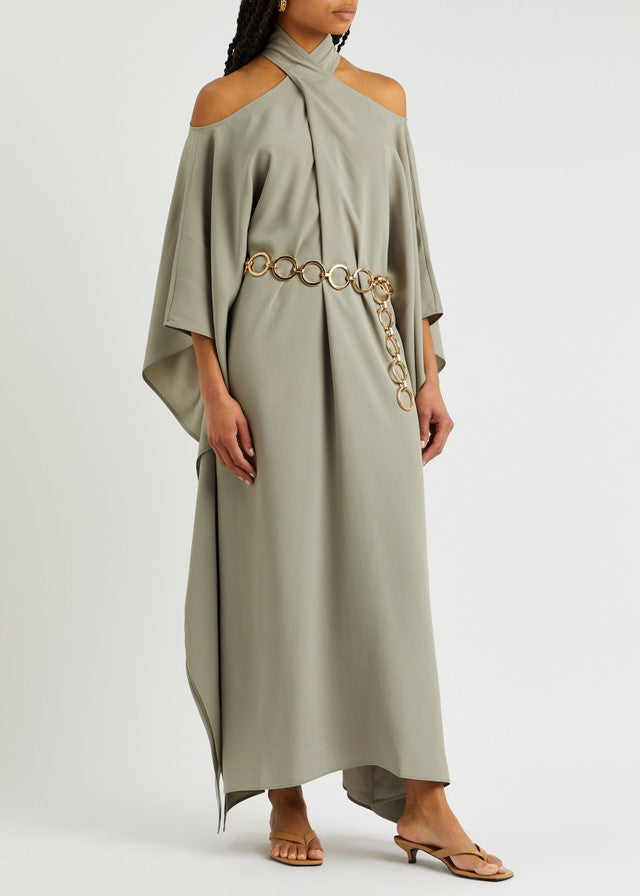 Belted Mambo Kaftan in sage green with cold-shoulder design and chain belt — Taller Marmo | Endless UAE