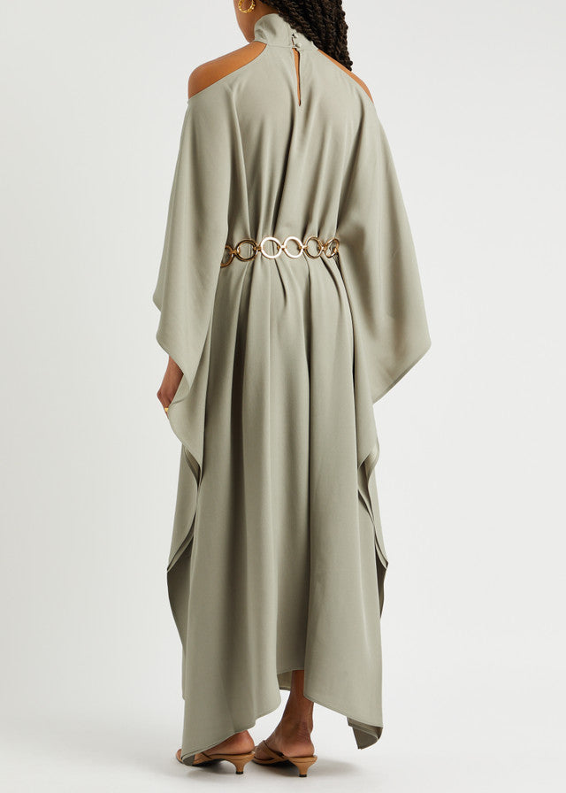 Belted Mambo Kaftan in sage green with cold-shoulder design and chain belt — Taller Marmo | Endless UAE