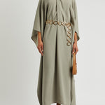 Belted Mambo Kaftan in sage green with cold-shoulder design and chain belt — Taller Marmo | Endless UAE