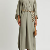 Belted Mambo Kaftan in sage green with cold-shoulder design and chain belt — Taller Marmo | Endless UAE