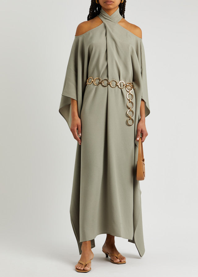 Belted Mambo Kaftan in sage green with cold-shoulder design and chain belt — Taller Marmo | Endless UAE