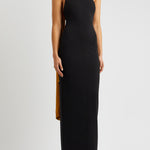 Black halterneck maxi dress with gold satin scarf detail — Solace London | Endless UAE