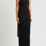 Black halterneck maxi dress with gold satin scarf detail — Solace London | Endless UAE